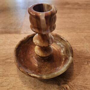 Vtg Natural Stone Orange Brown Onyx Candle Holder Gemstone Hand Carved Trinket